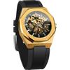 BOLYTE - Orologio da uomo meccanico automatico scheletrato con lancette luminose, cinturino in silicone nero, cassa ottagonale, Oro, Militare