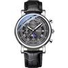 FORSINING Orologio da polso da uomo, analogico, da lavoro, in pelle, design lunare, per tutti i giorni, impermeabile, cronografo, argento, nero