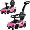 COSTWAY 3 in 1 Auto da Spinta, Auto Scorrevole con Paracolpi e Manubrio Rimovibili Musica e Fari, Spazio di Stoccaggio Nascosto e Ruote Universali Staccabili, Bambini 18-24 Mesi (Rosa)