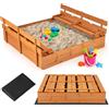 COSTWAY Sabbiera per Bambini in Legno, Sabbiera da Esterno con Coperchio, 2 Panchine con 4 Sedili Larghi e Schienali, Sabbonaia per Giardino, Patio e Cortile, 125 x 118 x 42,5 cm