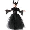 TRACYCY Costume da Strega Bambine Cosplay Bella Addormentata Maleficent Tulle Abito con Fascia e Maniche Collare Set 4 Pezzi per Bambini Halloween Carnevale Compleanno Fancy Dress Taglia 2-10 Anni