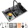 KOOGIMDDR Lavello da cucina per il posto di lavoro, 80 x 45 cm, con rubinetto a cascata, set singolo in acciaio inox, nero e grigio, per uso domestico, idropulitrice, tagliere, scolapiatti e accessori