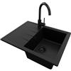 PRIMAGRAN Lavandino da Cucina Tutto Nero 62x50cm, Lavello in Granito a 1 vasca + Rubinetto 32x20cm + Set di accessori, Lavabo da Cucina Incasso al Mobile 40cm - Milano S010