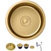 KOOGIMDDR Lavello da cucina rotondo in acciaio inox 40x40 cm, lavello preparatorio in oro, diametro 400 mm, lavello a incasso, lavello montato in superficie, lavello da cucina, con scarico in oro