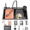 KOOGIMDDR - Lavandino da cucina con superficie di lavoro, 68 x 45 cm, dotato di rubinetto a cascata, in acciaio inox, per uso domestico, con idropulitrice, tagliere, scolapiatti e accessori
