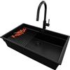 PRIMAGRAN Lavandino da Cucina Tutto Nero 76x47cm, Lavello in Granito a 1 vasca + Rubinetto 40x20cm + Set di accessori, Lavabo da Cucina Incasso al Mobile 80cm - Prague Level Slim S549