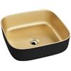 LAVITA Galera - Lavabo da appoggio quadrato senza troppopieno e foro per rubinetto, in porcellana di alta qualità, 39 x 39 x 14 cm, colore: nero/oro