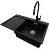 PRIMAGRAN Lavandino da Cucina Nero 78x50cm, Lavello in Granito a 1 vasca + Rubinetto 40x38cm + Set di accessori, Lavabo da Cucina Incasso al Mobile 50cm - Sydney Ergo S309