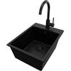 PRIMAGRAN Lavandino da Cucina Tutto Nero 38x50cm, Lavello in Granito a 1 vasca + Rubinetto 32x20cm + Set di accessori, Lavabo da Cucina Incasso al Mobile 40cm - Riga S046