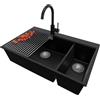 PRIMAGRAN Lavandino da Cucina Nero 78x50cm, Lavello in Granito a 2 vasche + Rubinetto 32x20cm + Set di accessori, Lavabo da Cucina Incasso al Mobile 80cm - Oslo Duo Top S041