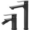 Inbagno Set rubinetti lavabo alto e bidet in ottone nero opaco con piletta click clack inclusa, linea FLAT