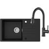CECIPA 78 x 45 cm Lavello Cucina con Arco Rubinetto Estraibile, Lavello Nero con Gocciolatoio in Granito, Lavandino Cucina Nero per Mobile di lunghezza 60cm con Troppopieno e Sifone