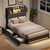 BRILVERDE Letto contenitore 90x200 con Cassetto, Letto imbottito con luce LED/USB, Letto singolo con Testiera, con Rete a Doghe, Lino (Grigio, 90 x 200 cm)