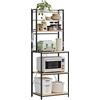 WOLTU Scaffale da Cucina con 6 Ripiani, Scaffale per Microonde con 6 Ganci, Struttura in Metallo, Legno Ingegnerizzato, 60x40x167cm, Rovere Chiaro+Nero