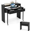 GIANTEX Scrivania per computer con piano estensibile, 100 x 63 x 88 cm, 2 cassetti e ripiano aperto, design compatto con ruote, tavolo da lavoro per camera da letto, ufficio (nero)