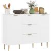 HOMCOM Credenza da cucina mobile contenitore con 3 cassetti, ripiani regolabili, armadi con ante scanalate e gambe in metallo, credenza per sala da pranzo e soggiorno, 120 x 40 x 90 cm, bianco