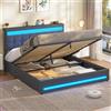 AOGLLATI Letto Matrimoniale Contenitore 160x200 cm, Struttura Letto con Vano Contenitore Idraulico e Testiera Regolabile, Letto Matrimoniale con Illuminazione LED e Stazione di Ricarica, Grigio Scuro