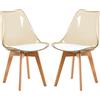 EGGREE Set di 2 Sedie da Pranzo Scandinave Testate SGS per Sedie da Ristorante con Schienale Trasparente Marrone e Gambe in Legno Massiccio di Faggio, Cuscino in Pelle PU Bianco