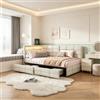 Plcnn Divano letto 90x200 con 2 cassetti, illuminazione a LED e presa, struttura letto 90x200 con rete, letto divano, letto singolo per adulti e adolescenti, tessuto in lino, beige (senza materasso