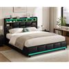 KEFSR Letto Matrimoniale 140x200 con LED RGB, Contenitore a Gas e USB, Struttura Doghe Rinforzate, Testiera Imbottita in PU Nero, No Base Elastica(Nero PU（2）, 140x200)