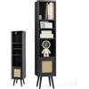 KOMFOTTEU Libreria Verticale a 5 Livelli, Libreria Scaffale con Porta in Rattan e Gambe in Legno, Mobile Camera da Letto con Ripiano Regolabile e Dispositivo Antiribaltamento per Soggiorno (Nero)