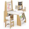 LIFEZEAL Tavolino e Sedia per Bambini, Tavolo da Disegno con Lavagna a Doppia Faccia, Rotolo di Carta, Sacchi Portaoggetti, Sedia Ergonomica con Schienale (naturale)