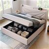 KUAKE Letto matrimoniale imbottito, 160 x 200, cassapanca con funzione di ricarica USB tipo C, testiera, struttura in lino, letto per ragazzi con rete a doghe (160 x 200 cm, bianco)