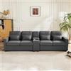 Rvjiahe Divano 4 posti in tessuto di lino con console, 2 portabevande 2 porte USB per ricarica con cavo, 4 cuscini, divano semplice per soggiorno, appartamento, ufficio (grigio scuro, 4 seat (290 Lx83