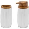 Inbagno Set 2 Pezzi Dispenser Sapone e Porta spazzolino, in plastica Bianco, con Dettagli Effetto Legno, Serie Blob