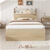 DACHETOU Letto singolo in legno 90x200 bianco/rovere, doppio colore con ripiano testiera, 2 cassetti, scomparti aperti, parzialmente in legno massiccio, pratico letto per piccoli spazi (senza