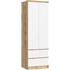 AKORD | Armadio STAR S | 60 cm Due Ante | 2 Cassetti con ripiani e Asta Appendiabiti | Mobiletto Cameretta Camera da Letto | Guardaroba | Pannello in laminato 16 mm | Rovere Artisan & Bianco Frontale