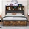 KeepGoon Letto Matrimoniale in Ferro con Testiera Imbottita 140 x 200 cm, Scomparti e Striscia LED, Doppi Cassetti, Presa USB, letto per riporre