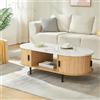 [en.casa] Tavolino Centrale da Salotto con Scomparti Aperti Chiusi Tavolo Basso da Caffè con 2 Ante Scorrevoli in Bambù 120 x 55 x 40 cm - Effetto Marmo Bianco/Colore Naturale
