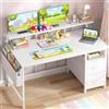 Klyvvo 120x48 cm Rettangolare Scrivania con 2 Cassetti, 1 Organizzatore Appeso, Supporto per Monitor, 3 Altezza regolabile, Gancio, Reversibile Scrivania Gaming per Lavoratori,Studiare,Gaming,Bianco