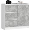 AKORD | Cassettiera K-80 JERRY con 3 Cassetti | Armadio Cameretta con 2 Ripiani e 1 Anta | Moderna Mobiletto per Soggiorno | Moderno | 80x77x35 cm | Bianco + Frontale Cemento
