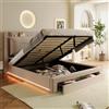 Ymkua Letto Imbottito 140x200 cm, Letto Matrimoniale con LED Licht e Cassetti di Contenimento, idraulica Bed frame con Contenitore e Testata e Rete a Doghe, Velluto, Beige, Senza Materass