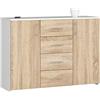 AKORD Cassettiera K45 con 4 cassetti e 2 ripiani con Ante | Mobiletti Ingresso Bagno | Armadio Cameretta | Comodino | B110 x H80 x P35 cm, peso 43 kg Bianco/Rovere Sonoma