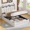 KeepGoon Letto matrimoniale 140 x 200 cm, letto imbottito con contenitore, vano portaoggetti per comodino + LED + porta USB, letto per riporre oggetti, in Lino, idraulico (Beige)