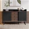 Oyemige Credenza Soggiorno e Cucina Moderna in Rattan, Mobile Buffet Multiuso con 3 Cassetti, Madia Ingresso in Legno Salvaspazio con Ripiani, Nero 117,5x80x40