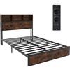 LIFEZEAL Struttura Letto Matrimoniale, 140x200cm, Letto Una Piazza e Mezza, Francese, con MultiPresa, Testiera Portaoggetti, Max 500kg, Rete, Base, Telaio, Supporto, Piattaforma a Doghe, Industriale