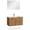 AQA DESIGN mobile bagno composizione 4 pezzi, mobile bagno con lavabo, base sospesa con frontali in MDF cannettato, set mobili bagno nr2 cassetti - Rovere miele - 101x46,5x190 cm
