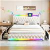 XMETPR Letto Ricoperto 5-in-1 140x200cm con Altoparlanti Bluetooth, Luce LED, Stazione di Carica USB & Type-C, 4 Cassetti di Archiviazione, Cornice in Legno con Listelli e Testata, Silenzioso, Beige