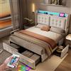 Autheria Letto Matrimoniale con Contenitore 140x200 cm con LED e USB Type C, Letto una piazza e mezza con Testiera e 4 Cassetti, Letto Contenitore con rete a doghe, Struttura Letto Matrimoniale