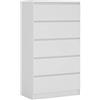 3E 3xE living.com Cassettiera con 5 cassetti 70 cm, Colore: Bianco opaco, L: 70 cm, P: 39 cm, A: 124 cm