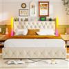 WOBOPCG Letto Matrimoniale 140x200 con Contenitore, Letto Imbottito 140x200 con LED e Ricarica USB Letto con Contenitore una Piazza e Mezza Struttura Letto Matrimoniale con Doghe e Testiera (Beige, Flanella)