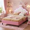 MIOOSUT Letto singolo imbottito 90 X 200, Letto per bambini con Illuminazione a LED, Letto Principessa con Testiera Coronata, Testiera Regolabile in Altezza, Velluto, Senza Materasso
