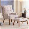 LARFOEK Poltrona per orecchie con sgabello, poltrona con schienale regolabile, gambe in legno, moderna poltrona relax, poltrona TV, per soggiorno, camera da letto, beige