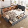 TIZZ Letto da giorno 90 x 200 cm, con 2 cassetti, USB tipo C, più ripiani, letto con rete a doghe senza materasso, lino grigio, divano letto