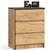 AKORD | Cassettiera K60 a 3 Cassetti | Credenza Alta | Moderna Mobiletto per Soggiorno Sala da Pranzo | Comodino | Piano di lavoro in laminato | 60x77x40cm Peso 25 kg | Artigianale Rovere
