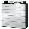 Vladon Madia Pavos V2, Mobile con 4 cassetti e ripiano in vetro, nero opaco/bianco lucido (76 x 81 x 35 cm)